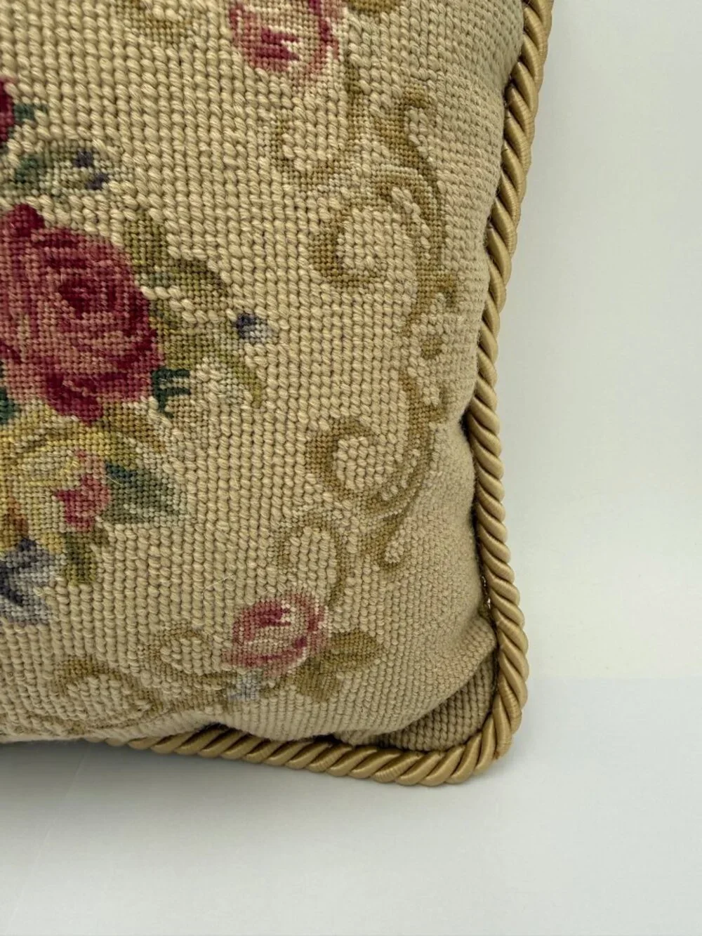Vintage Floral Needlepoint Throw Pillow With Gold Rope Trim